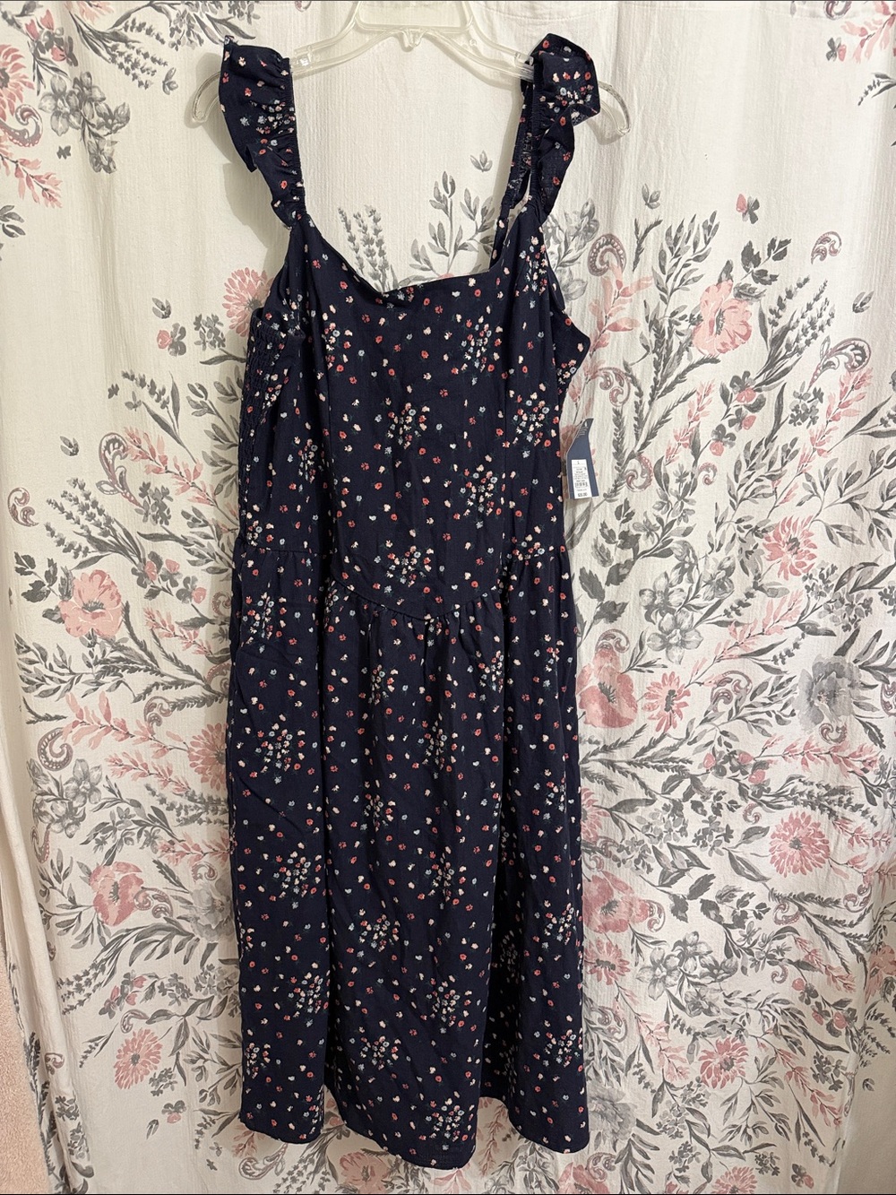 Universal Thread Navy Floral Midi Dress with Ruffle Straps